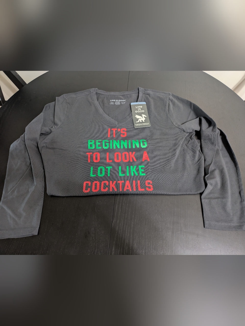 Life is Good Women's V-Neck Long Sleeve Tee - Charcoal with Red & Green Print